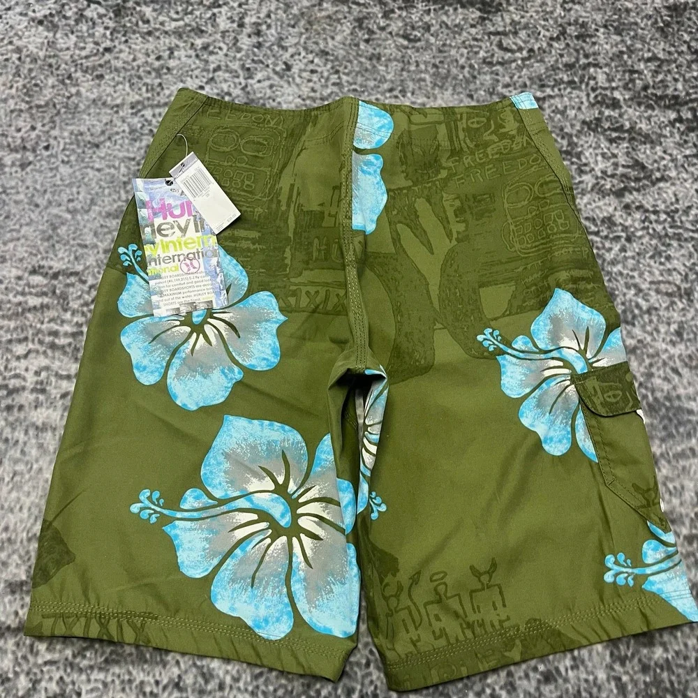 NWT Hurley Board Shorts Mens 29 Green Blue Tropical Flowers Surf Swim Trunks Y2K